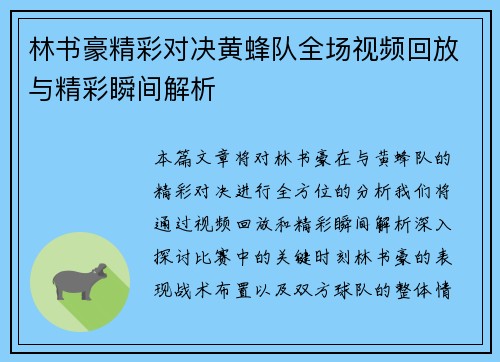 林书豪精彩对决黄蜂队全场视频回放与精彩瞬间解析