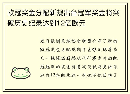 欧冠奖金分配新规出台冠军奖金将突破历史纪录达到12亿欧元