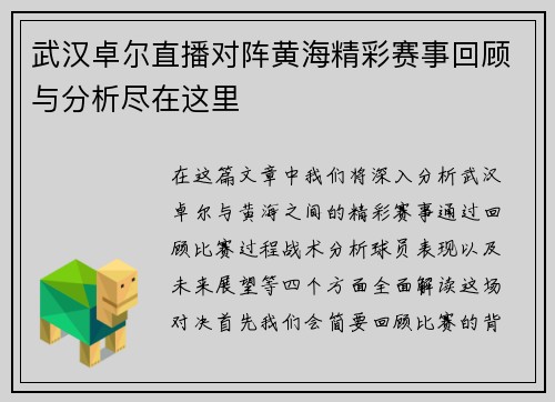 武汉卓尔直播对阵黄海精彩赛事回顾与分析尽在这里