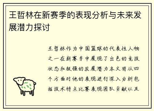 王哲林在新赛季的表现分析与未来发展潜力探讨