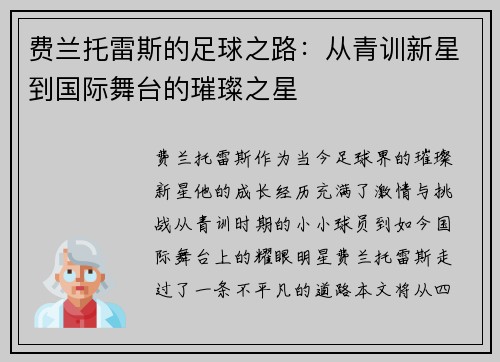 费兰托雷斯的足球之路：从青训新星到国际舞台的璀璨之星