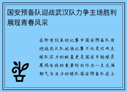 国安预备队迎战武汉队力争主场胜利展现青春风采